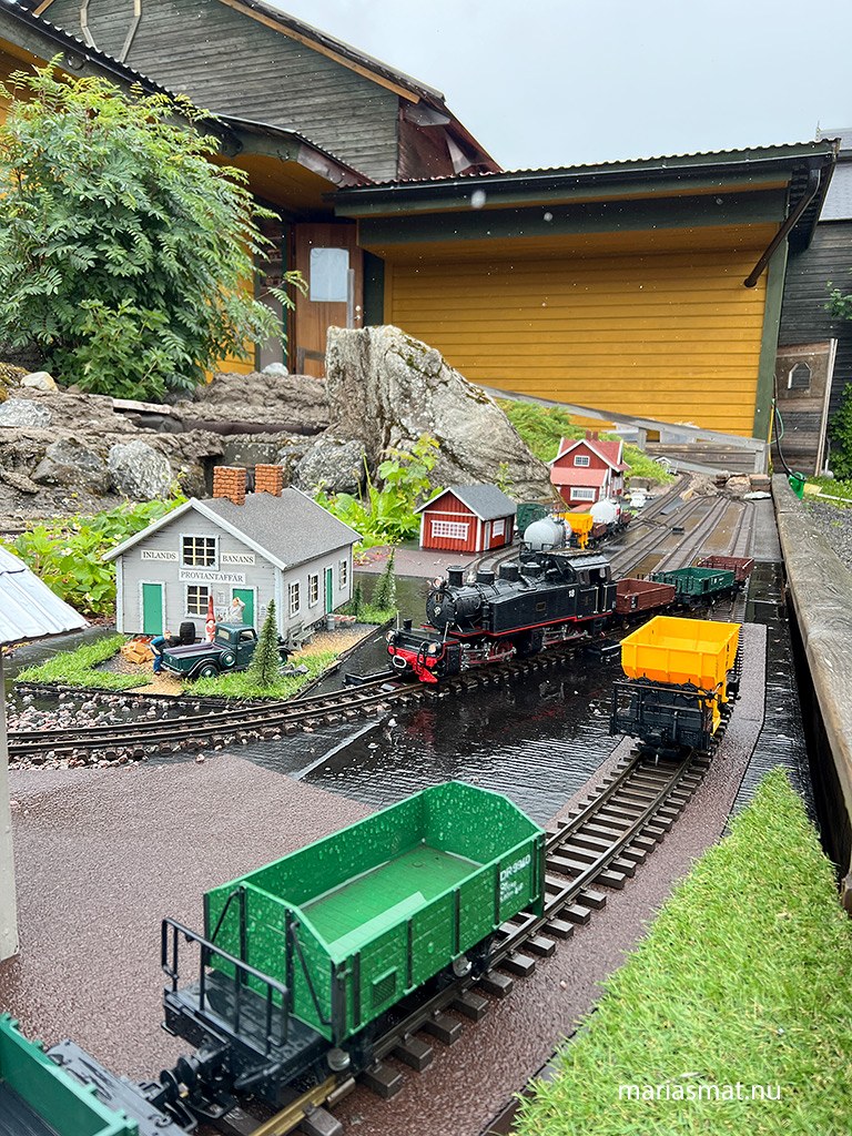 Bangård med ånglok, godsvagnar och proviantaffär på trädgårdsbanan